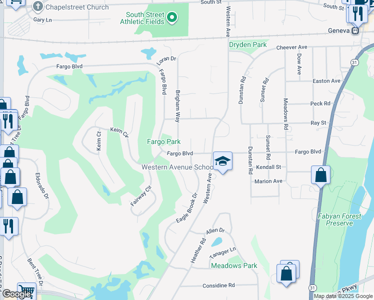 map of restaurants, bars, coffee shops, grocery stores, and more near 1254 Croydon Court in Geneva