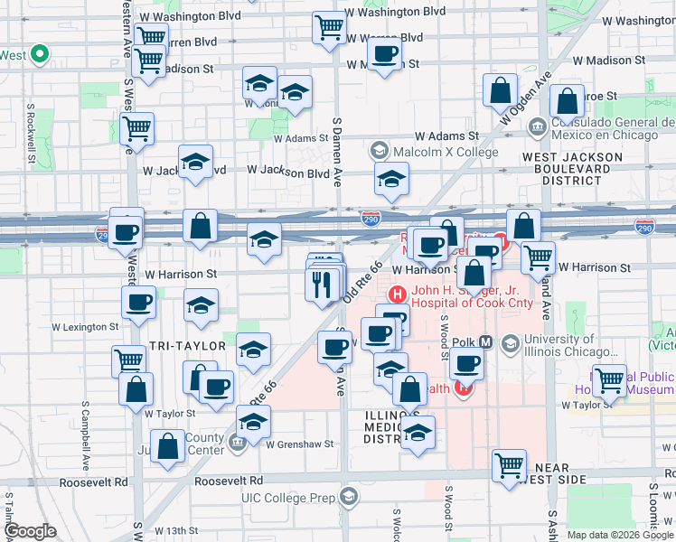 map of restaurants, bars, coffee shops, grocery stores, and more near S Damen Ave & W Harrison St in Chicago