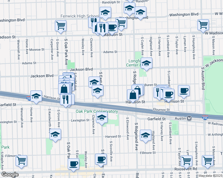 map of restaurants, bars, coffee shops, grocery stores, and more near 806 South Scoville Avenue in Oak Park