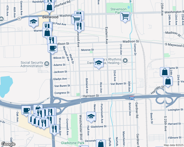map of restaurants, bars, coffee shops, grocery stores, and more near 1006 Linden Avenue in Bellwood