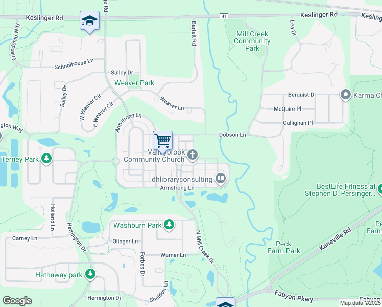 map of restaurants, bars, coffee shops, grocery stores, and more near 39W126 Herrington Boulevard in Geneva