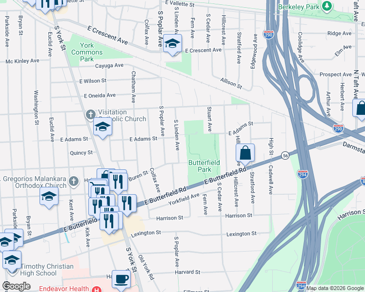 map of restaurants, bars, coffee shops, grocery stores, and more near 837 South Linden Avenue in Elmhurst