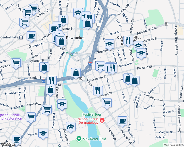 map of restaurants, bars, coffee shops, grocery stores, and more near 30 Fruit Street in Pawtucket