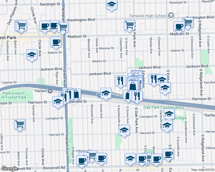 map of restaurants, bars, coffee shops, grocery stores, and more near 838 Clinton Avenue in Oak Park