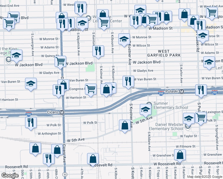 map of restaurants, bars, coffee shops, grocery stores, and more near 4505 West Congress Parkway in Chicago