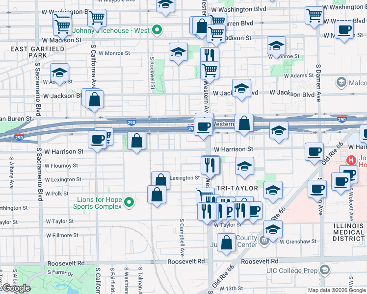 map of restaurants, bars, coffee shops, grocery stores, and more near 2452 West Harrison Street in Chicago