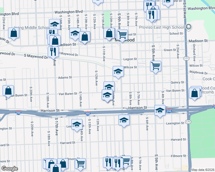 map of restaurants, bars, coffee shops, grocery stores, and more near 1431 South 11th Avenue in Maywood