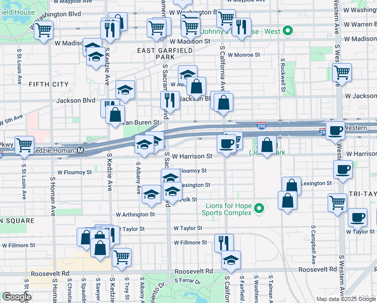 map of restaurants, bars, coffee shops, grocery stores, and more near 2910 West Harrison Street in Chicago