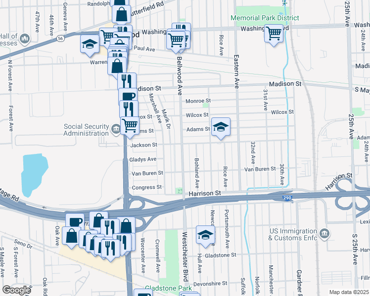 map of restaurants, bars, coffee shops, grocery stores, and more near 1005 Bellwood Avenue in Bellwood