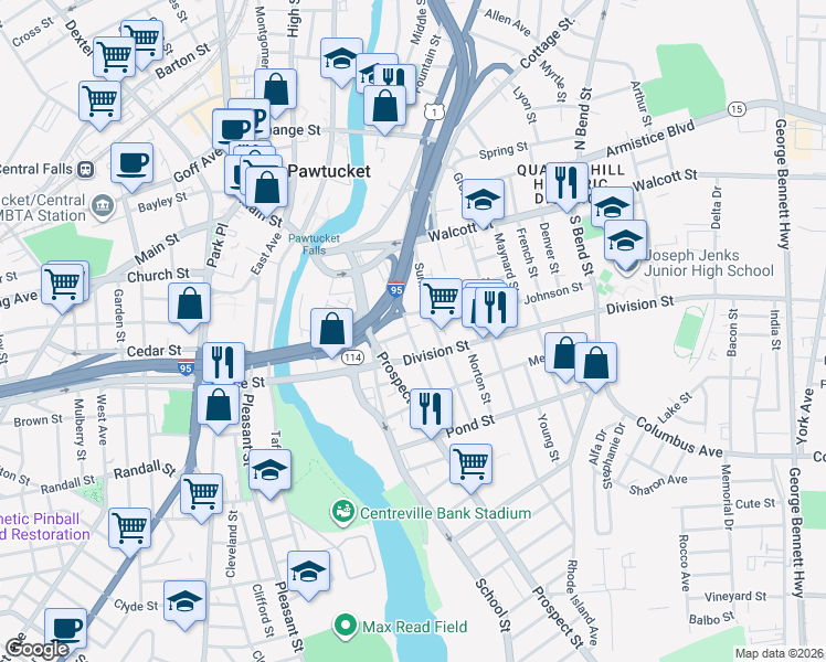map of restaurants, bars, coffee shops, grocery stores, and more near 14 South Street in Pawtucket