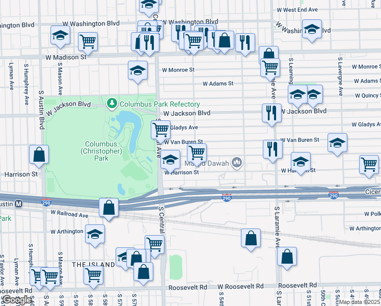 map of restaurants, bars, coffee shops, grocery stores, and more near 5508 West Congress Parkway in Chicago