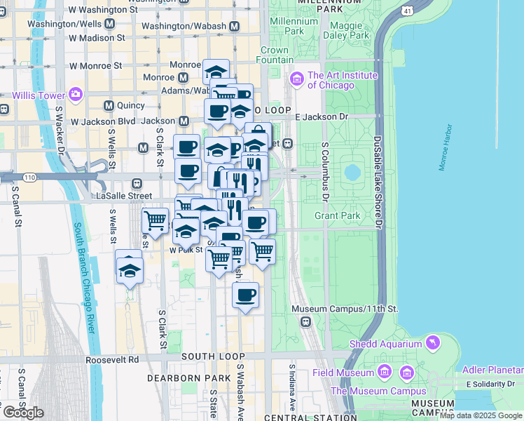 map of restaurants, bars, coffee shops, grocery stores, and more near 610 Michigan Avenue in Chicago