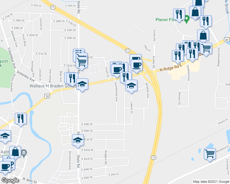 map of restaurants, bars, coffee shops, grocery stores, and more near 3447 Homewood Avenue in Ashtabula