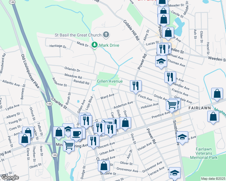map of restaurants, bars, coffee shops, grocery stores, and more near 55 Dickinson Avenue in North Providence