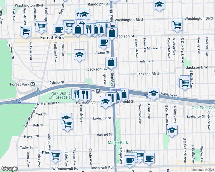 map of restaurants, bars, coffee shops, grocery stores, and more near 650 Elgin Avenue in Forest Park