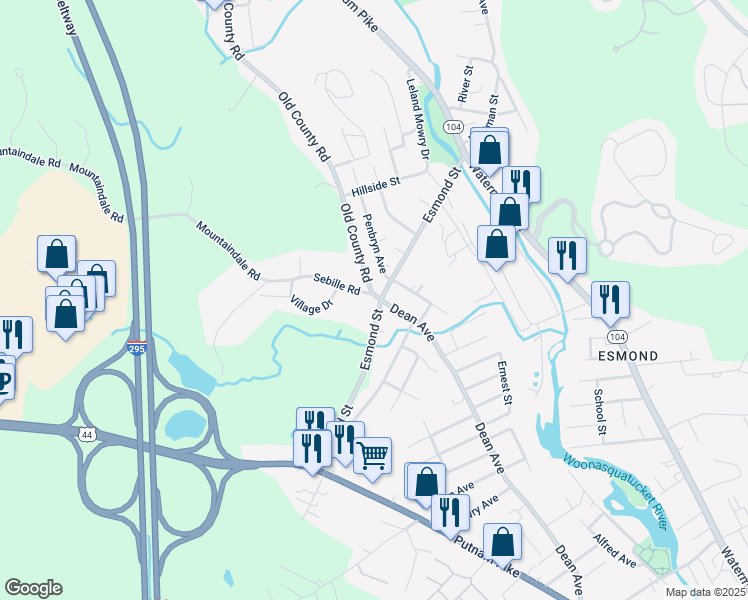 map of restaurants, bars, coffee shops, grocery stores, and more near 130 Dean Avenue in Smithfield