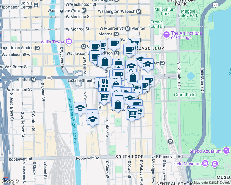 map of restaurants, bars, coffee shops, grocery stores, and more near 600 South Federal Street in Chicago