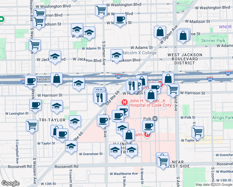map of restaurants, bars, coffee shops, grocery stores, and more near W Ogden Ave & W Harrison St in Chicago