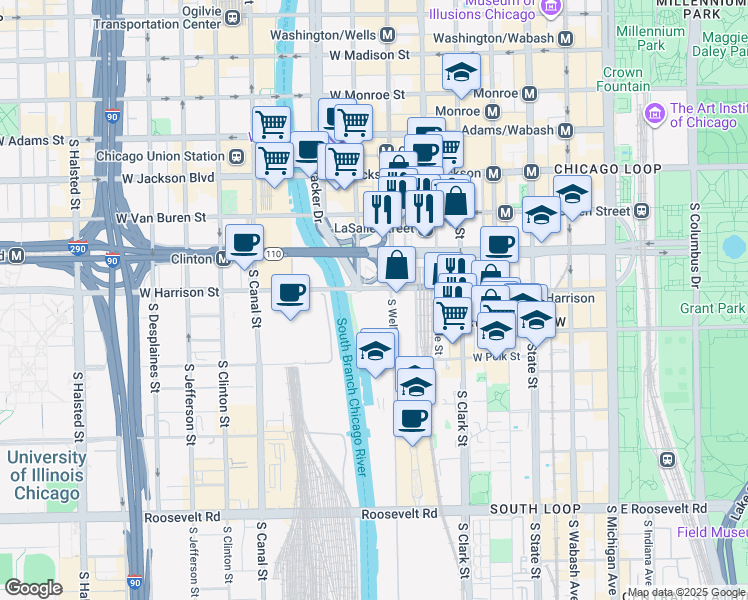 map of restaurants, bars, coffee shops, grocery stores, and more near 221 West Harrison Street in Chicago