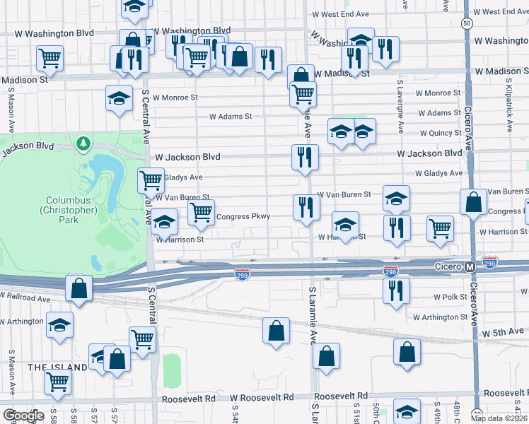 map of restaurants, bars, coffee shops, grocery stores, and more near 5300 West Congress Parkway in Chicago