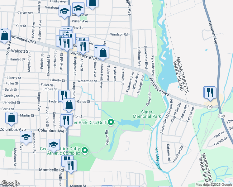 map of restaurants, bars, coffee shops, grocery stores, and more near 128 Hyde Avenue in Pawtucket