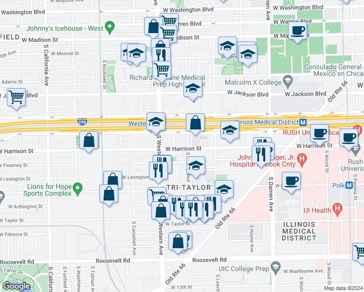 map of restaurants, bars, coffee shops, grocery stores, and more near 2306 West Harrison Street in Chicago