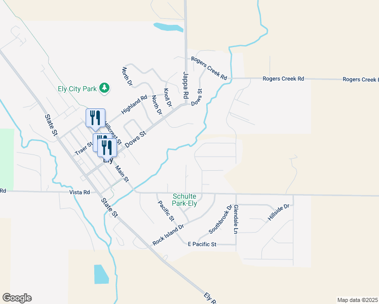map of restaurants, bars, coffee shops, grocery stores, and more near 1605 Parkland Drive in Ely