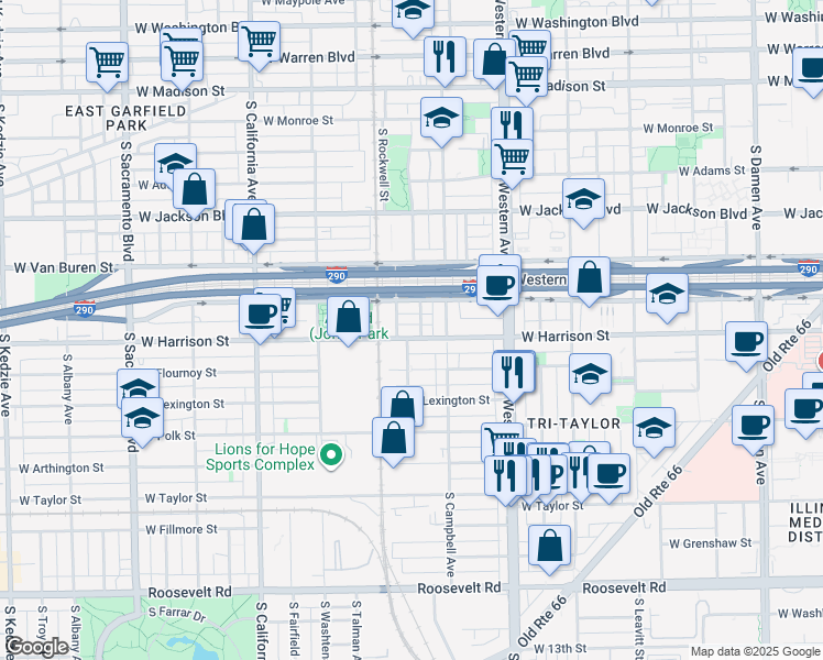 map of restaurants, bars, coffee shops, grocery stores, and more near 2530 West Harrison Street in Chicago