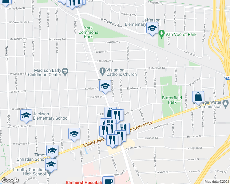 map of restaurants, bars, coffee shops, grocery stores, and more near 827 Kearsage Avenue in Elmhurst