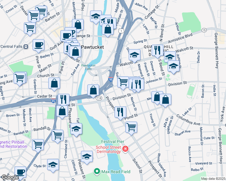 map of restaurants, bars, coffee shops, grocery stores, and more near 30 Fruit Street in Pawtucket