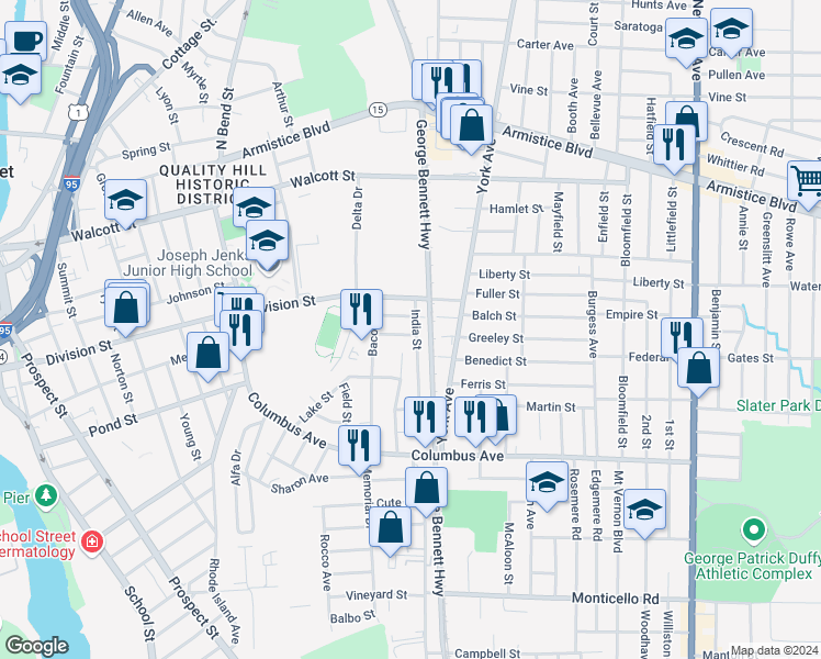 map of restaurants, bars, coffee shops, grocery stores, and more near 92 India Street in Pawtucket