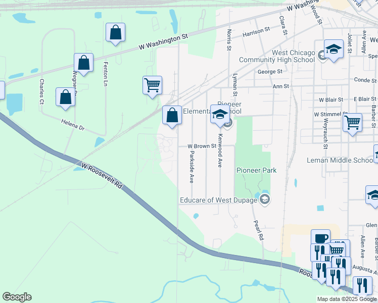 map of restaurants, bars, coffee shops, grocery stores, and more near 706 Parkside Avenue in West Chicago