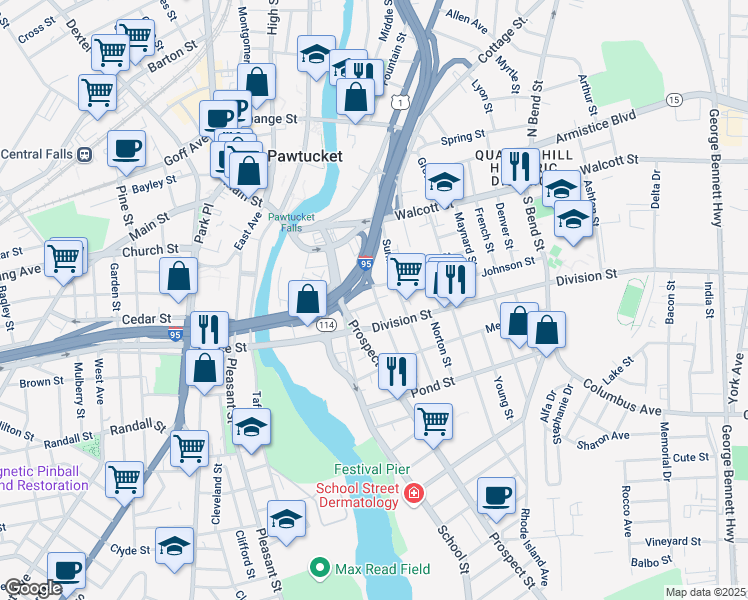map of restaurants, bars, coffee shops, grocery stores, and more near 14 South Street in Pawtucket