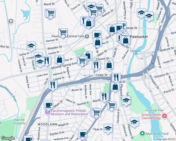 map of restaurants, bars, coffee shops, grocery stores, and more near 31 Mulberry Street in Pawtucket