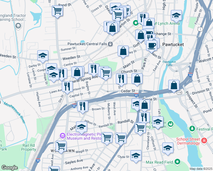 map of restaurants, bars, coffee shops, grocery stores, and more near 31 Mulberry Street in Pawtucket