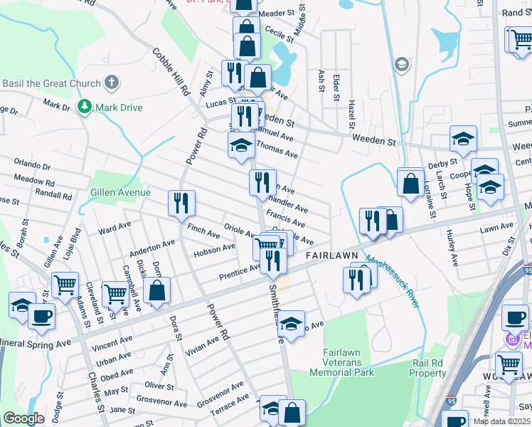 map of restaurants, bars, coffee shops, grocery stores, and more near 64 Francis Avenue in Pawtucket
