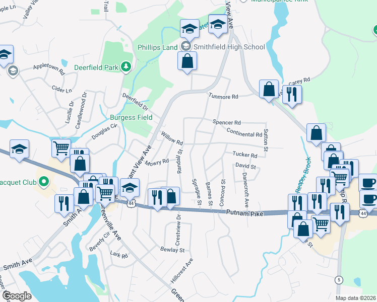 map of restaurants, bars, coffee shops, grocery stores, and more near 22 Sprague St in Smithfield