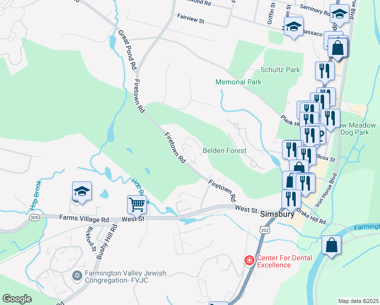 map of restaurants, bars, coffee shops, grocery stores, and more near 36 Firetown Road in Simsbury