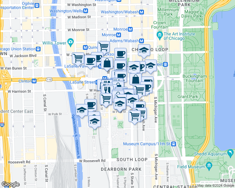 map of restaurants, bars, coffee shops, grocery stores, and more near 600 South Federal Street in Chicago