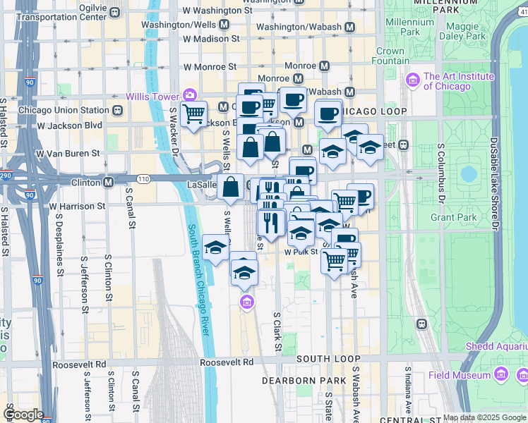 map of restaurants, bars, coffee shops, grocery stores, and more near 619 South LaSalle Street in Chicago