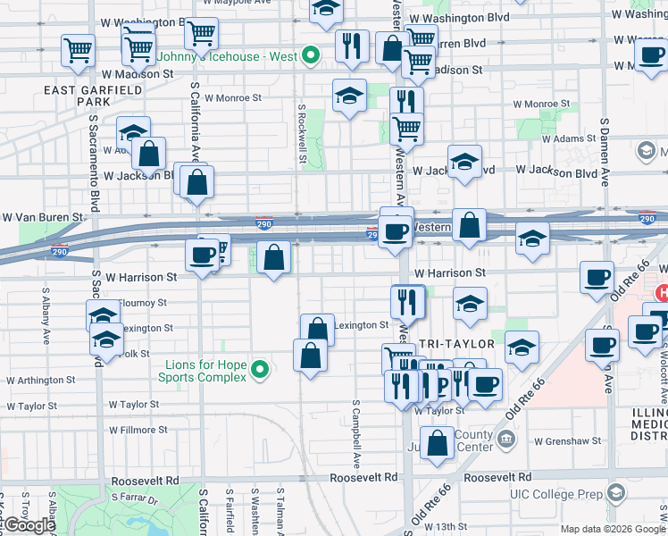 map of restaurants, bars, coffee shops, grocery stores, and more near 2530 West Harrison Street in Chicago