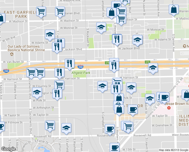 map of restaurants, bars, coffee shops, grocery stores, and more near 2530 West Harrison Street in Chicago