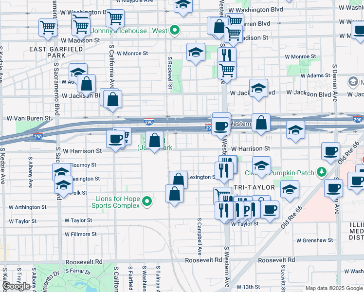 map of restaurants, bars, coffee shops, grocery stores, and more near 2530 West Harrison Street in Chicago