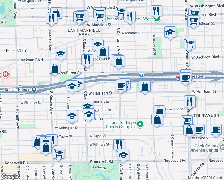map of restaurants, bars, coffee shops, grocery stores, and more near 2834 West Harrison Street in Chicago
