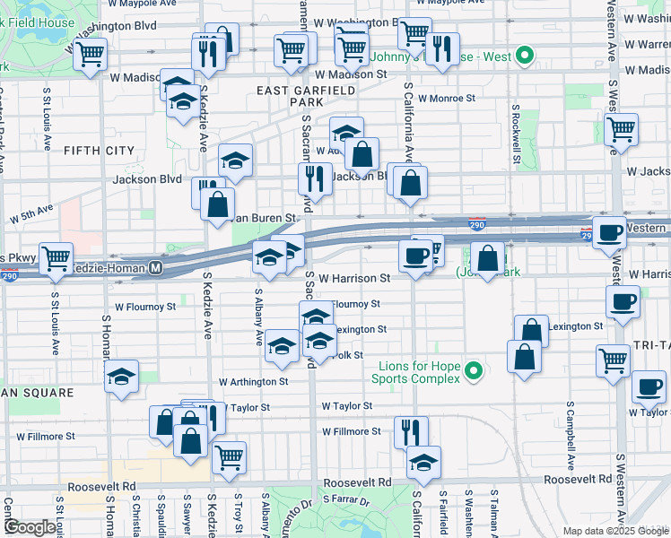 map of restaurants, bars, coffee shops, grocery stores, and more near 2950 West Harrison Street in Chicago