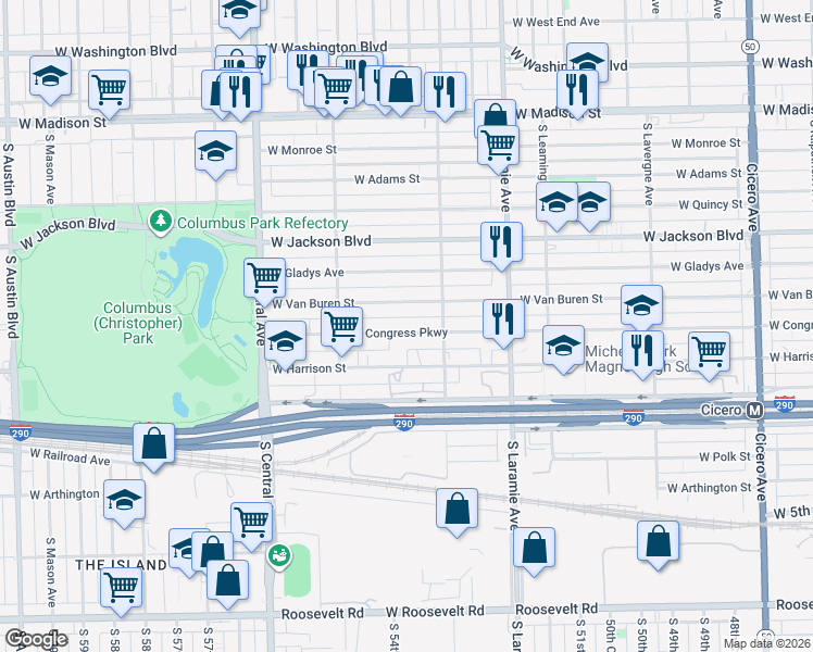 map of restaurants, bars, coffee shops, grocery stores, and more near 5336 West Congress Parkway in Chicago