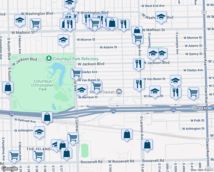 map of restaurants, bars, coffee shops, grocery stores, and more near 5426 West Congress Parkway in Chicago