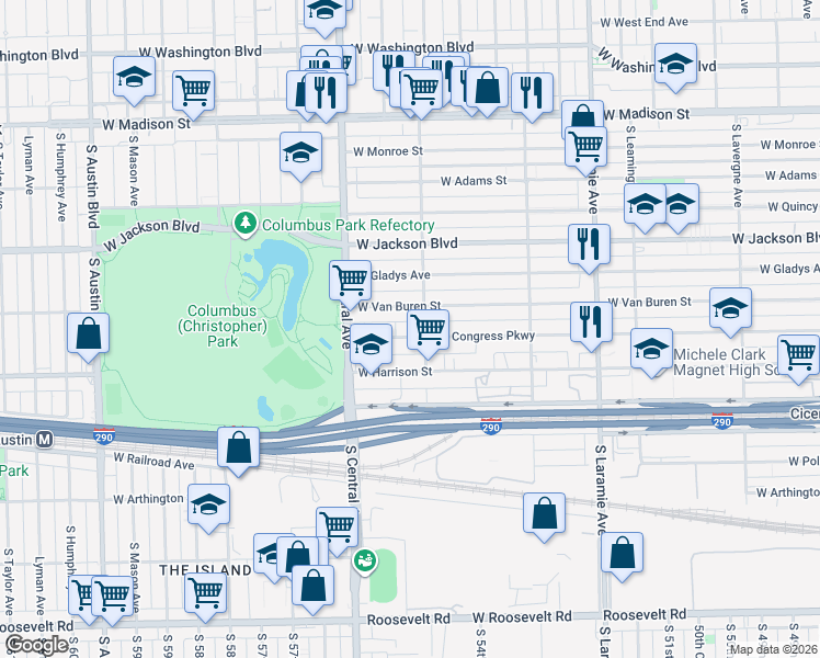 map of restaurants, bars, coffee shops, grocery stores, and more near 5508 West Congress Parkway in Chicago