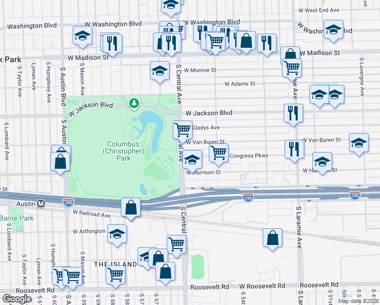 map of restaurants, bars, coffee shops, grocery stores, and more near 5548 West Congress Parkway in Chicago