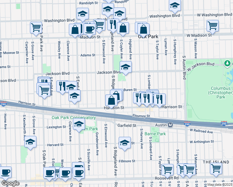 map of restaurants, bars, coffee shops, grocery stores, and more near 811 South Ridgeland Avenue in Oak Park